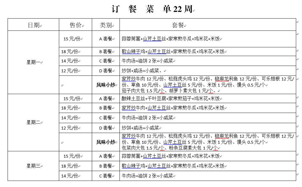 ​【下周菜单】本周菜单及外卖